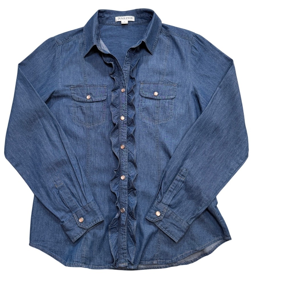 Pendleton Womens Denim Ruffle Pearl Snap Western Shirt Country Rodeo M - Picture 12 of 13